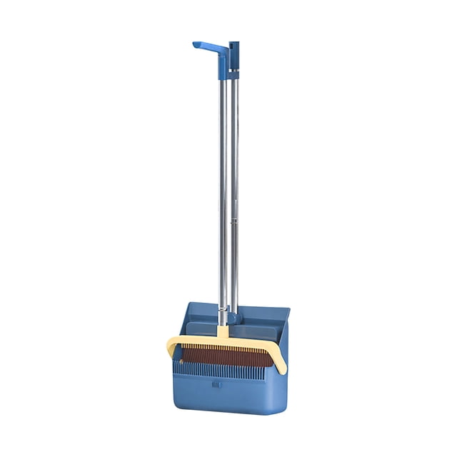 Blue Magnetic Dustpan And Broom Set For Sweeping Hair And Debris, Foldable Handle With Built In Scraper And Comb, Soft Bristles For Indoor Outdoor Use