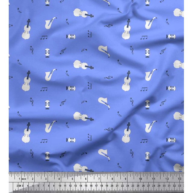 Soimoi Satin Silk Fabric Notes,Guitar & Saxophones Musical Instrument Fabric Prints by Yard 42 Inch Wide
