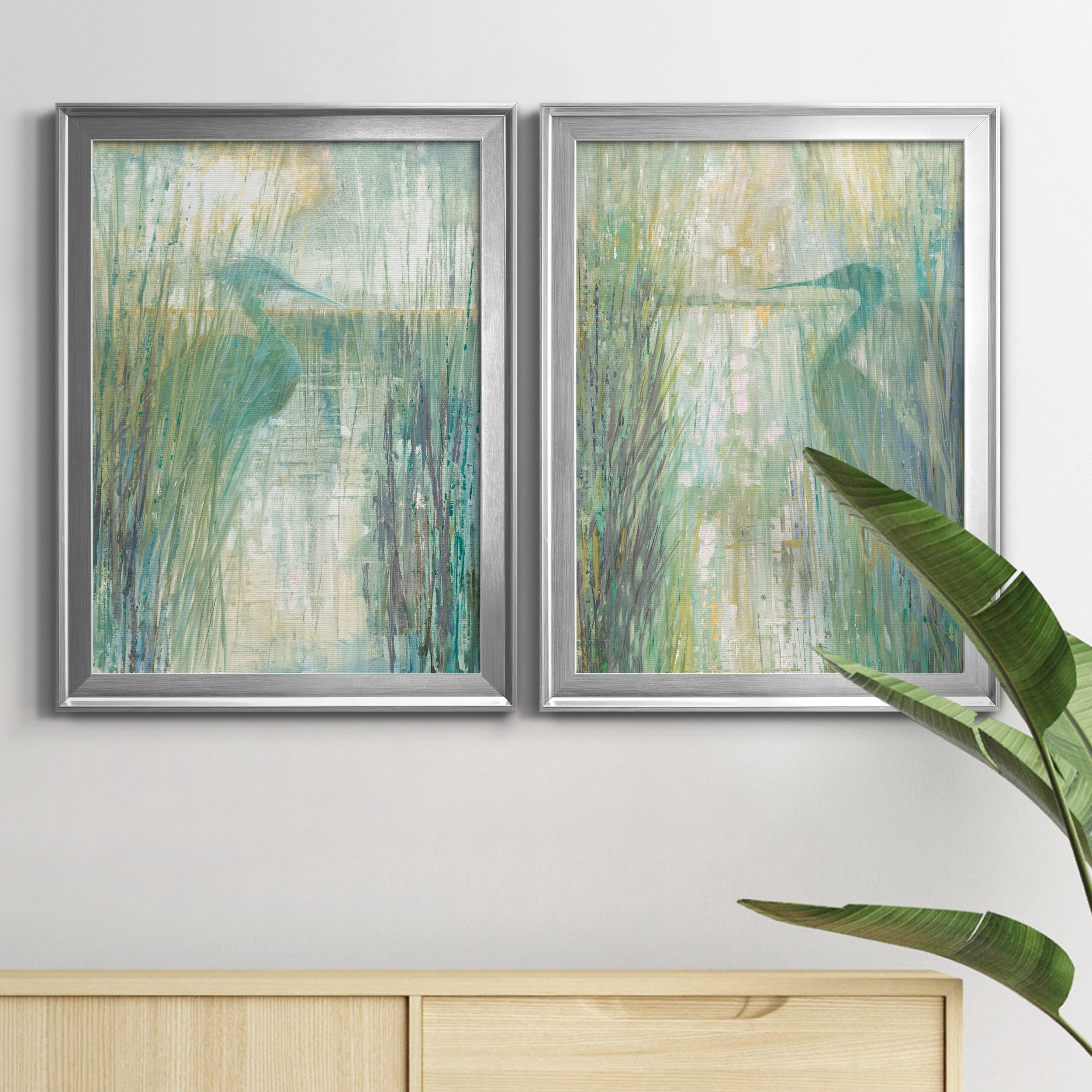 2 Piece Set Morning Egret I Premium Framed Canvas - Ready to Hang - 22.5 x 30.5 Each - Silver Frame