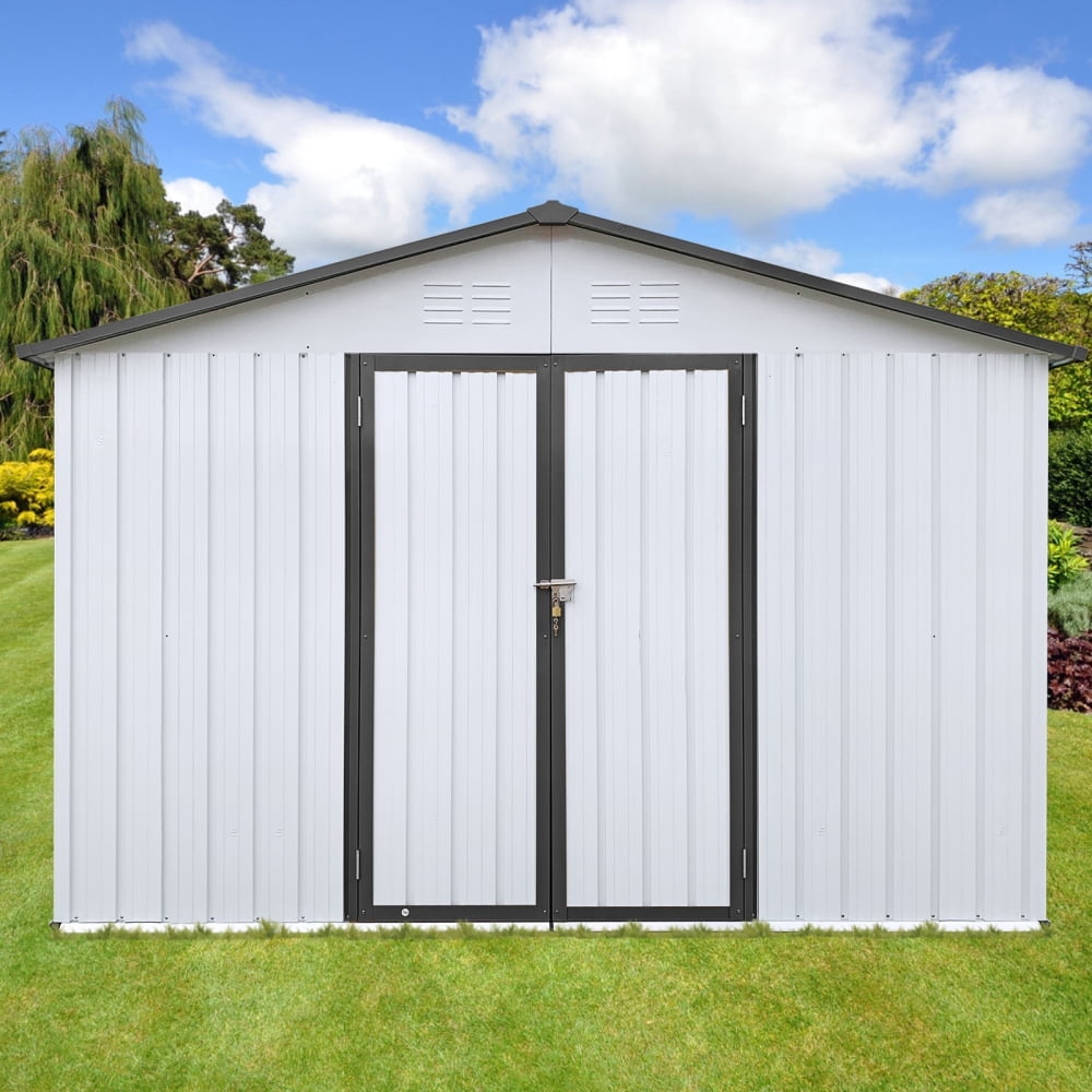 Sleek White & Grey 10ft x 12ft Metal Garden Shed – The Ideal Outdoor Storage Solution! Enjoy Ample Space and Stylish Design to Keep Your Tools and Garden Gear Organized and Protected!