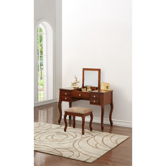 Maykoosh Boldly Bohemian Furniture Wood Vanity Set with Stool and Mirror in Cherry