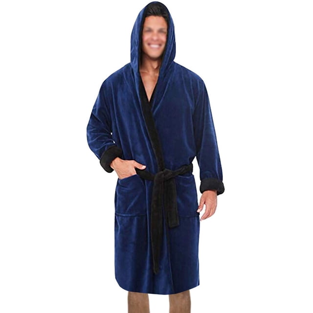 Innerwin Bath Robes Hoodie Men's Wrap Robe Winter Long Sleeve Soft Dressing Gown Navy Blue Black S
