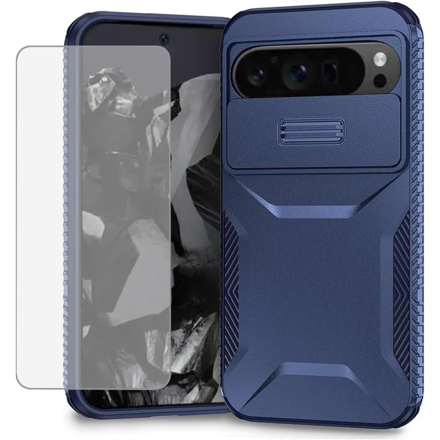 KOMI Case for Pixel 8 Case, Google 8 Case with Tempered Glass Screen Protector and Slide Camera Cover, Non-Slip Heavy Duty Shockproof Phone Cover for Google Pixel 8A Blue