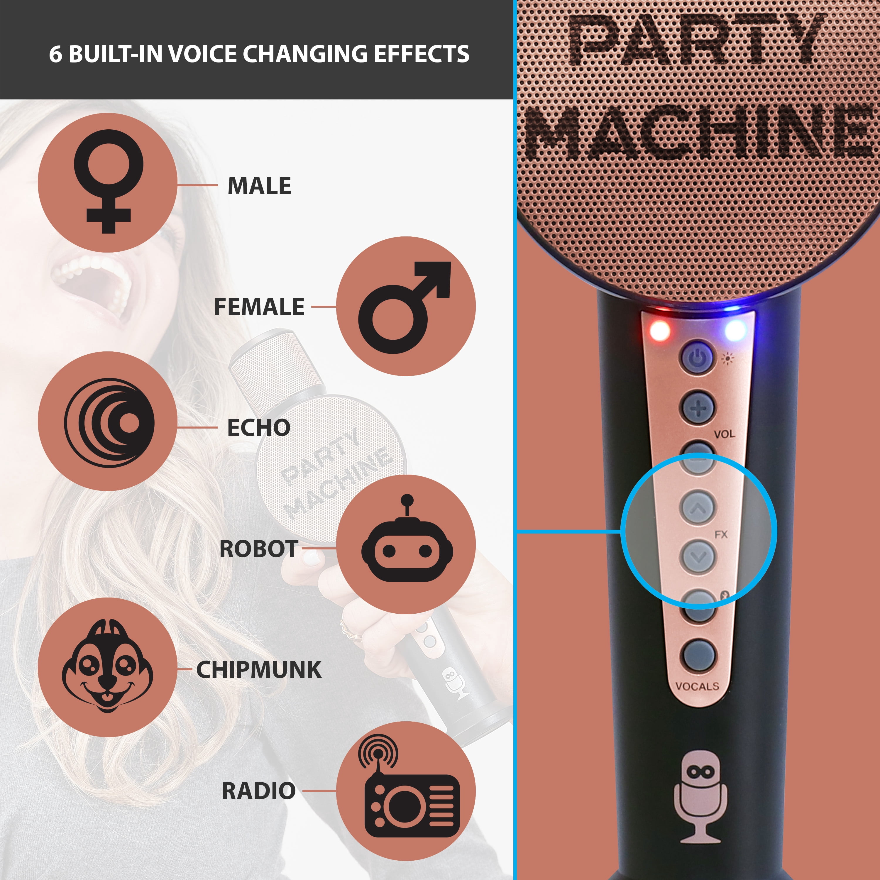 The Singing Machine Party Microphone Instrument with Bluetooth and Voice Changers, Rose Gold