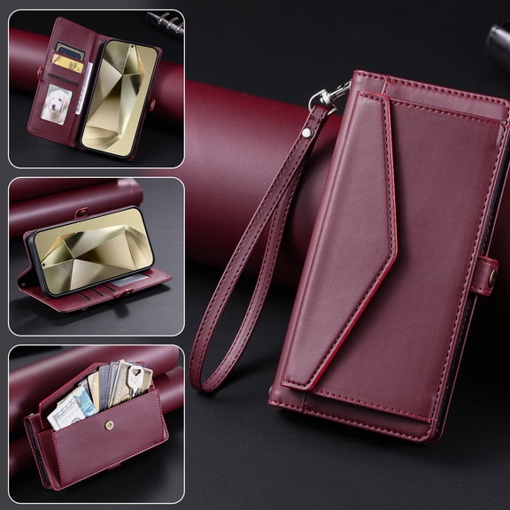 Dteck Wallet Crossbody Shoulder Strap Case for Samsung Galaxy S24 Ultra, Shockproof RFID Blocking Wallet Bills Slot Pockets Compatible with Women Card Holder Cover, Winered