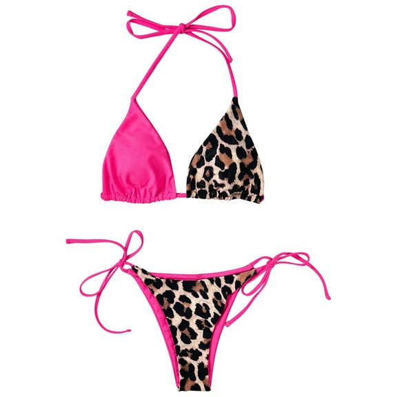 Odeerbi Two Piece Bikini Lace Up Triangle Swimsuit Erogenous Strap Swimwear Color Matching Splicing Beachwear Hot Pink
