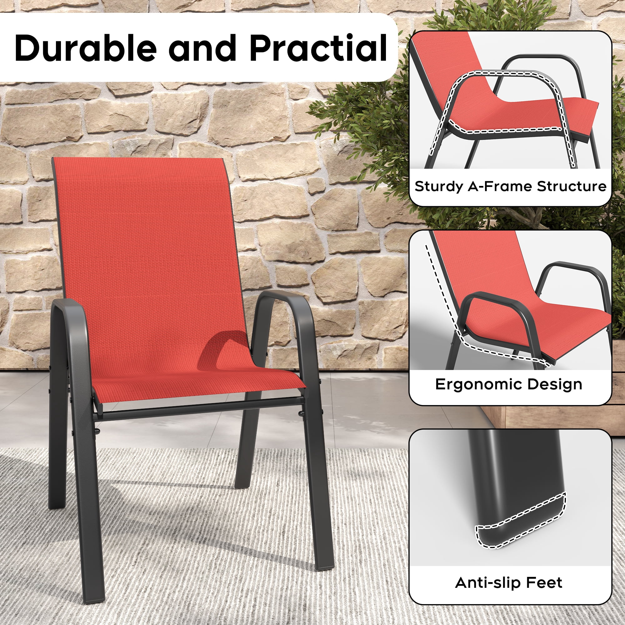 6-Piece Outdoor Dining Chairs Set, Wide Ergonomic Seat, 350 lbs Capacity per Chair, Waterproof & Rust-Resistant Teslin Fabric Metal Frame, Ideal for Patio, Garden, Banquet Hall & Commercial Use