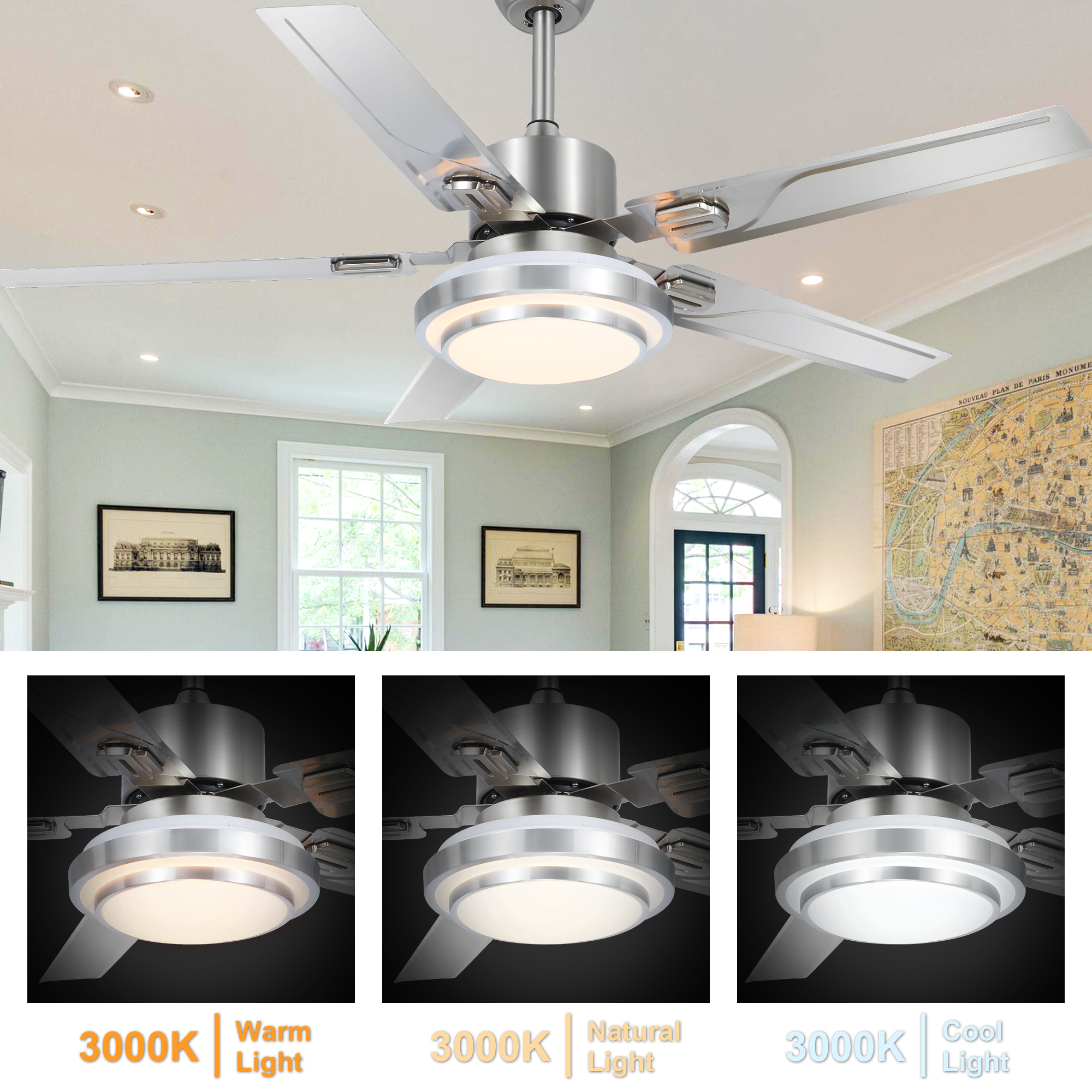 48" Stainless Steel Ceiling Fan with LED Light - 5 Blade Industrial Chandelier Fan, 5000 CFM Brushed Silver & Remote Control, Adjustable Downrod (10''/20'') for Restaurant/Loft, Anti-Rust Iron Frame