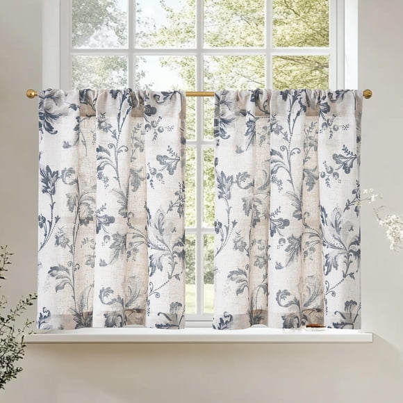 Linen Kitchen Curtains 36 Inch Vintage Floral Tier Curtains Farmhouse Cottage Cafe Rod Pocket Country Small Window for Laundry Room Bathroom RV 2 Panels Blue on Beige