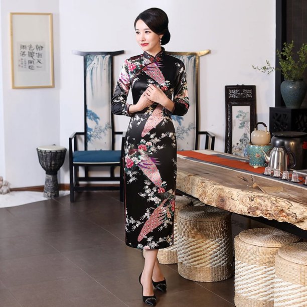Cheongsam largo de satén con estampado de agujeros multicolor de otoño, talla grande, estilo retro, ajustado, para banquetes, pasarela