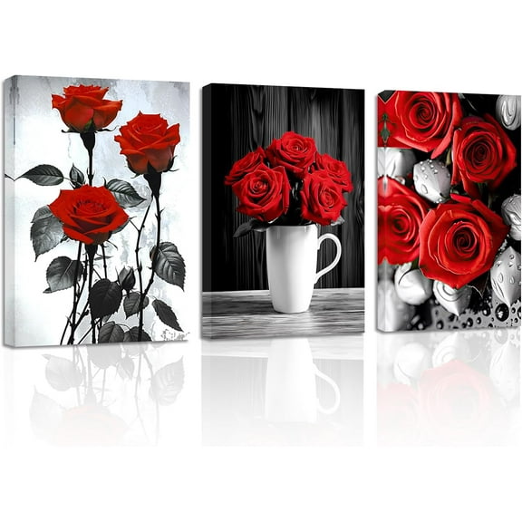 ZHONGYUTONG Elegant Rose Canvas Wall Art 3 Pieces Red Rose Flower Painting Prints Black and White Romantic Rustic Floral Picture Couples Bedroom Decor Framed (11.00" x 14.00" x 3PCS)