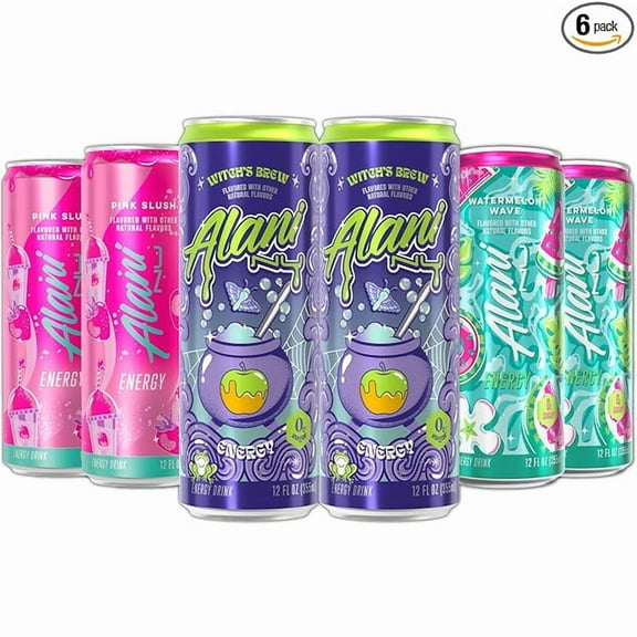 New Alani Energy Drinks Witch's Brew, Pink Slush, Watermelon Wave - Limited Edition Flavors - Variety Pack, Sugar-Free, Low-Calorie, 200mg Caffeine, Energy Boost Drink 12 fl oz (Pack of 6)
