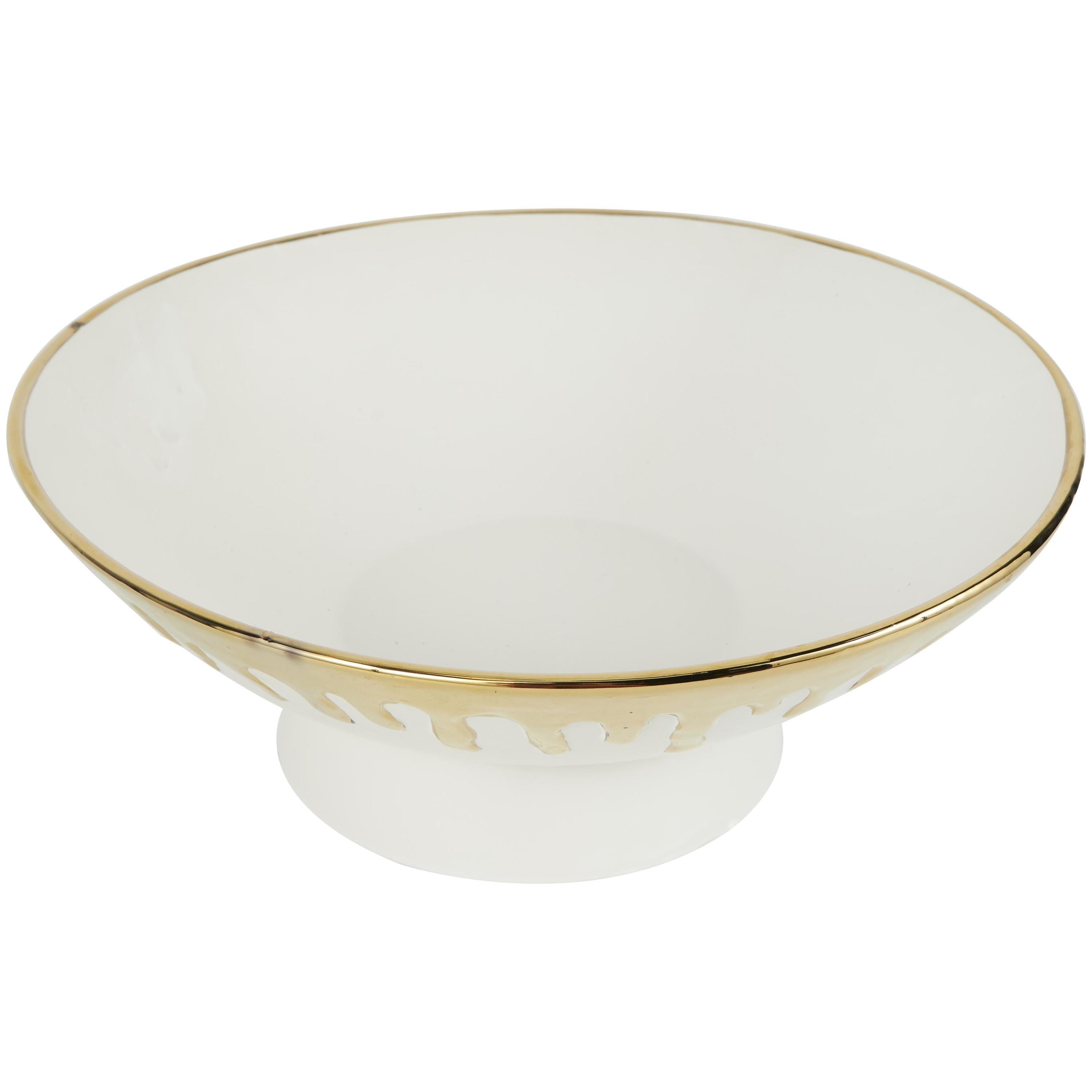 CosmoLiving by Cosmopolitan 15" Round White Ceramic Decorative Bowl with Abstract Gold Melting Drips