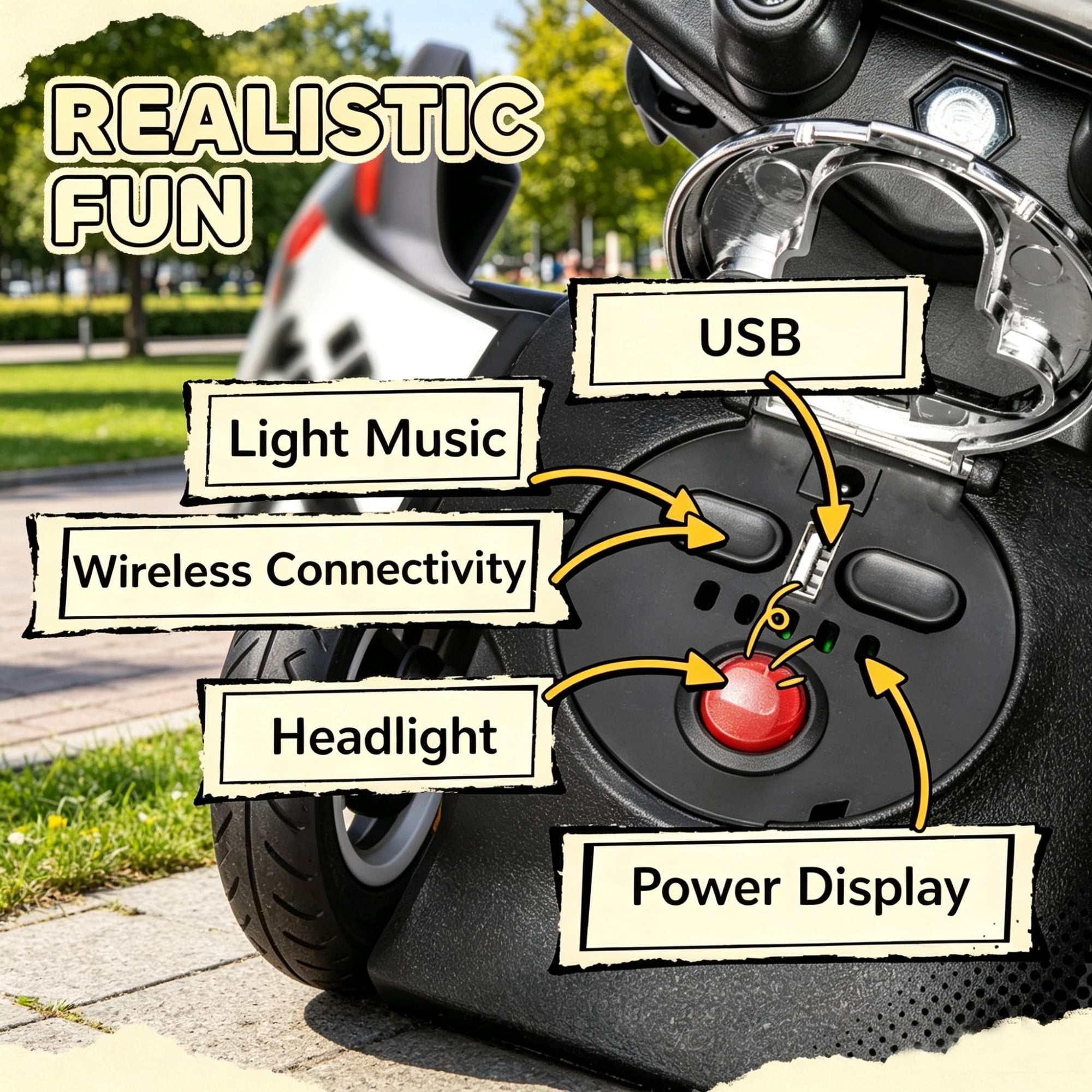 Red Kids Motorcycle Toy with Training Wheels Spring Suspension LED Light USB Music Feature for Children