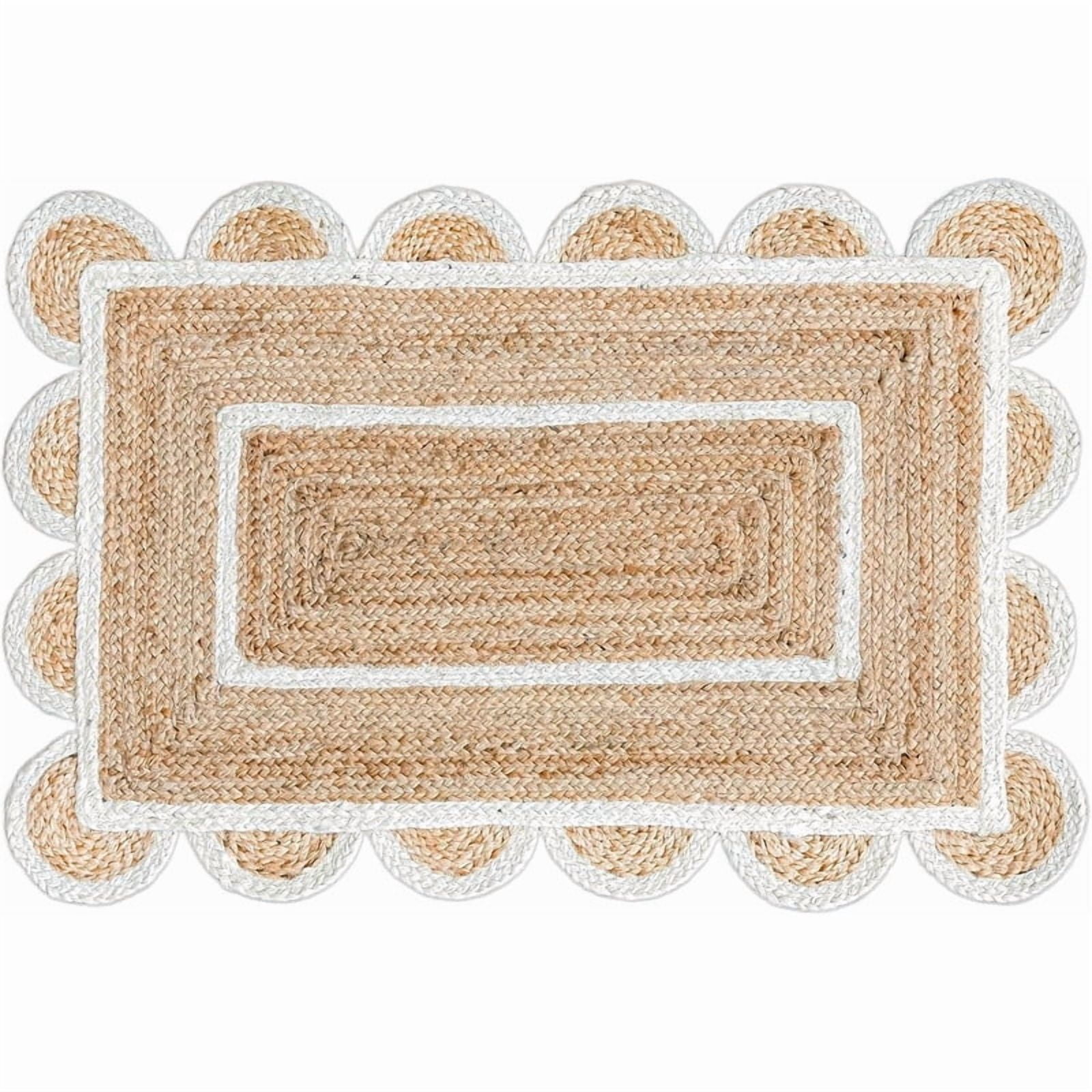 Scalloped Natural Jute Area Rug, Natural Base Off White Trim, 2'x3'