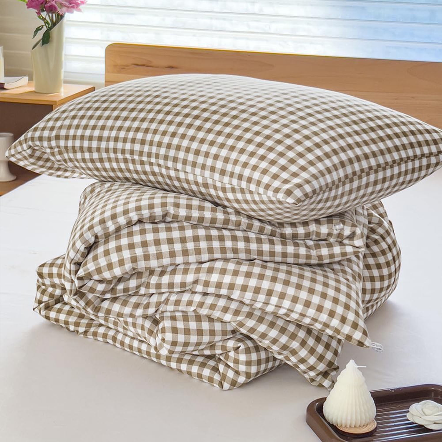 Tan Gingham King Comforter Set, Taupe Plaid Bedding Set, Checked Bed Comforter 3 Pieces(Tan Gingham, King)