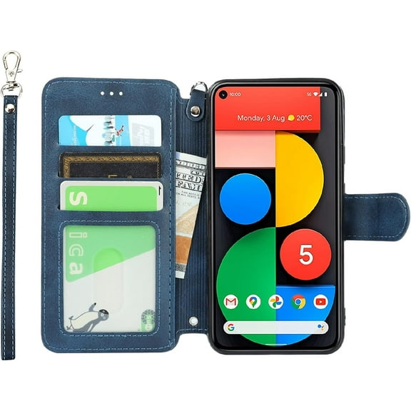 Wallet Case for Google Pixel 5 with Card Holder Slots,Kickstand Phone Cover Premium Leather Magnetic Closure Slim Flip Shockproof Wrist Strap Case for Google Pixel 5 6.0",Blue