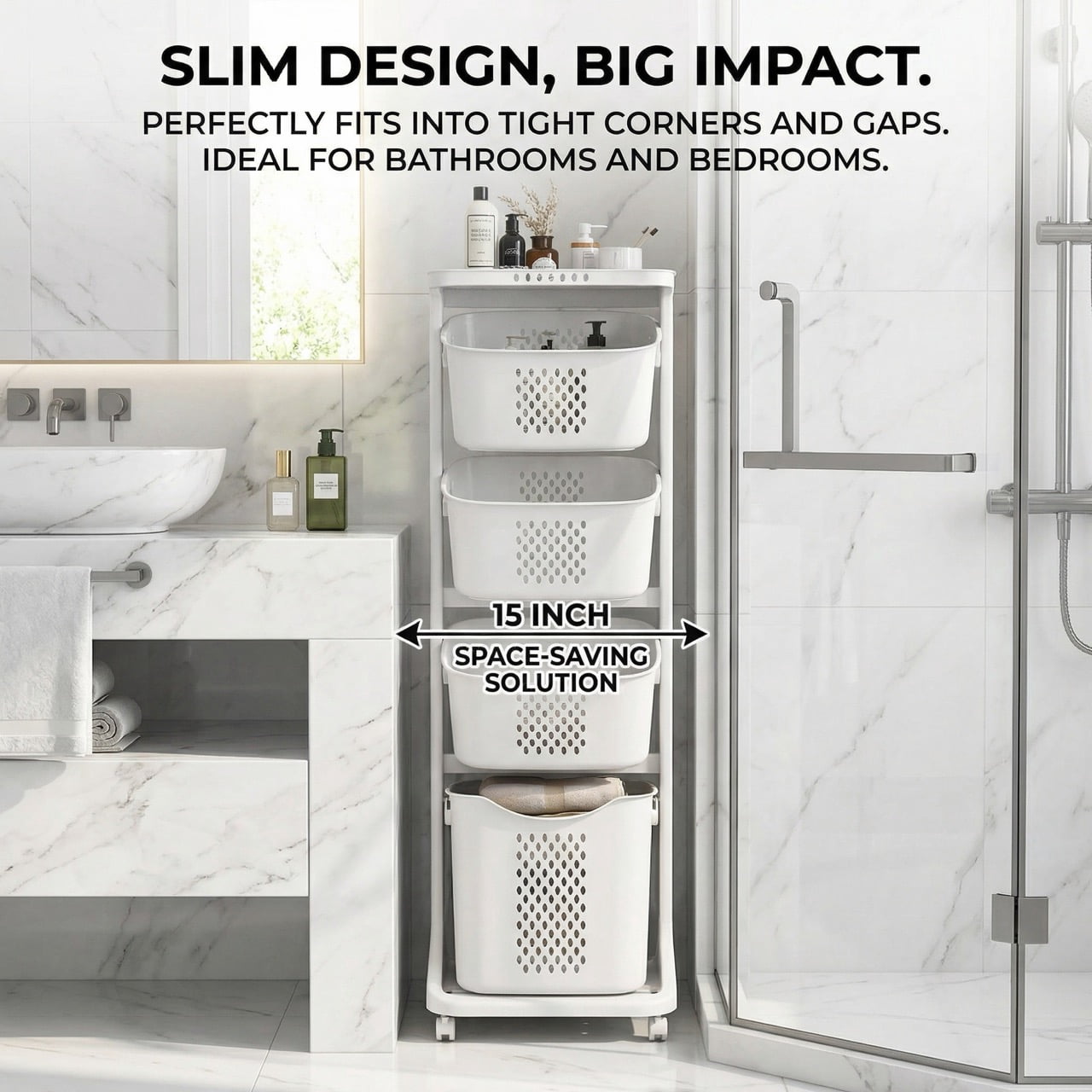 4-Tier Rolling Laundry Hamper Sorter with Wheels, Removable Laundry Basket Storage Organizer, Laundry Cart for Dirty Clothes Storage in Bathroom & Bedroom, White