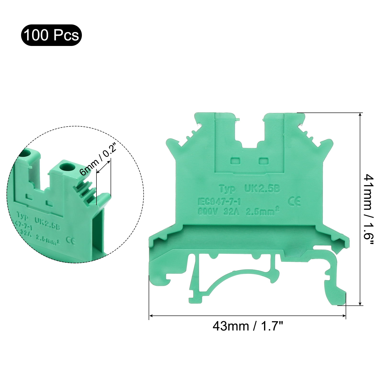 Uxcell Terminal Blocks 100 Pack UK-2.5B Rail Mount Fuse Holder Screw Terminal Block Wire End Bracket Stopper Din Rail Screw for DIY Electronic Circuits Machine Appliances, Green