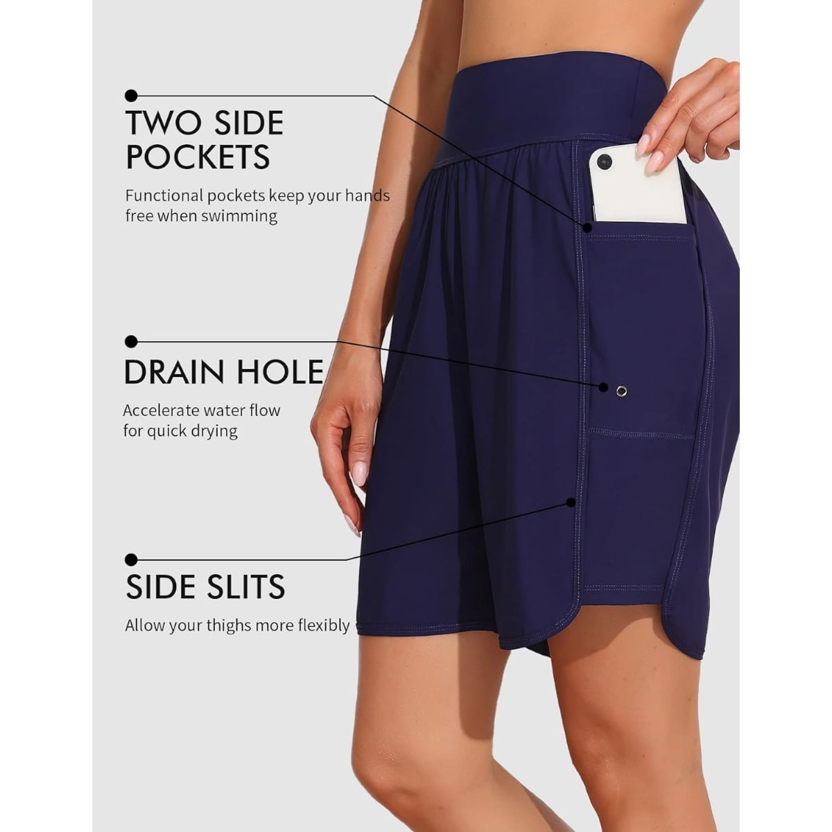 Alove Womens 6" Swim Shorts Built-in Brief Solid High Waisted Board Shorts with Pockets Quick Dry UPF50+ Swimsuit Bottoms