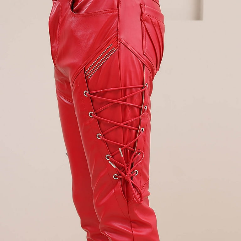 LEVI’S RED / asymmetry leather pants Women's Red Lace Up Capri Leather Pants. Real Soft Lambskin