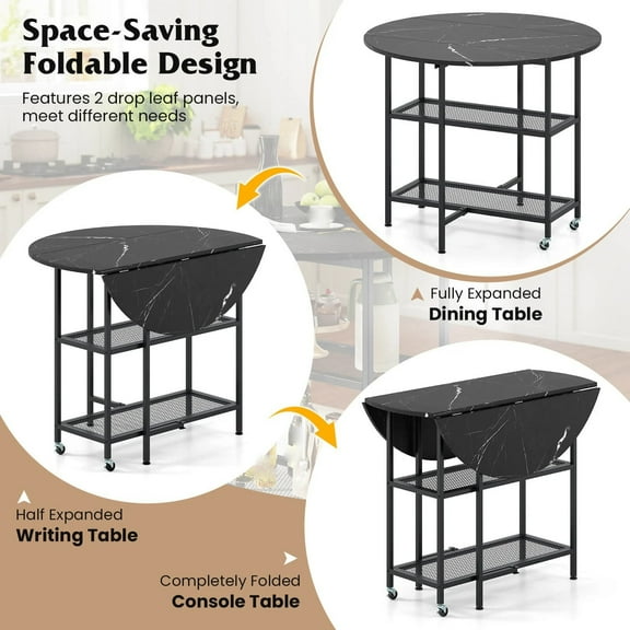 Auranook Round Folding Dining Table, Round Drop Leaf Kitchen Table with 2-Tier Storage Shelf, 2 Lockable Wheels