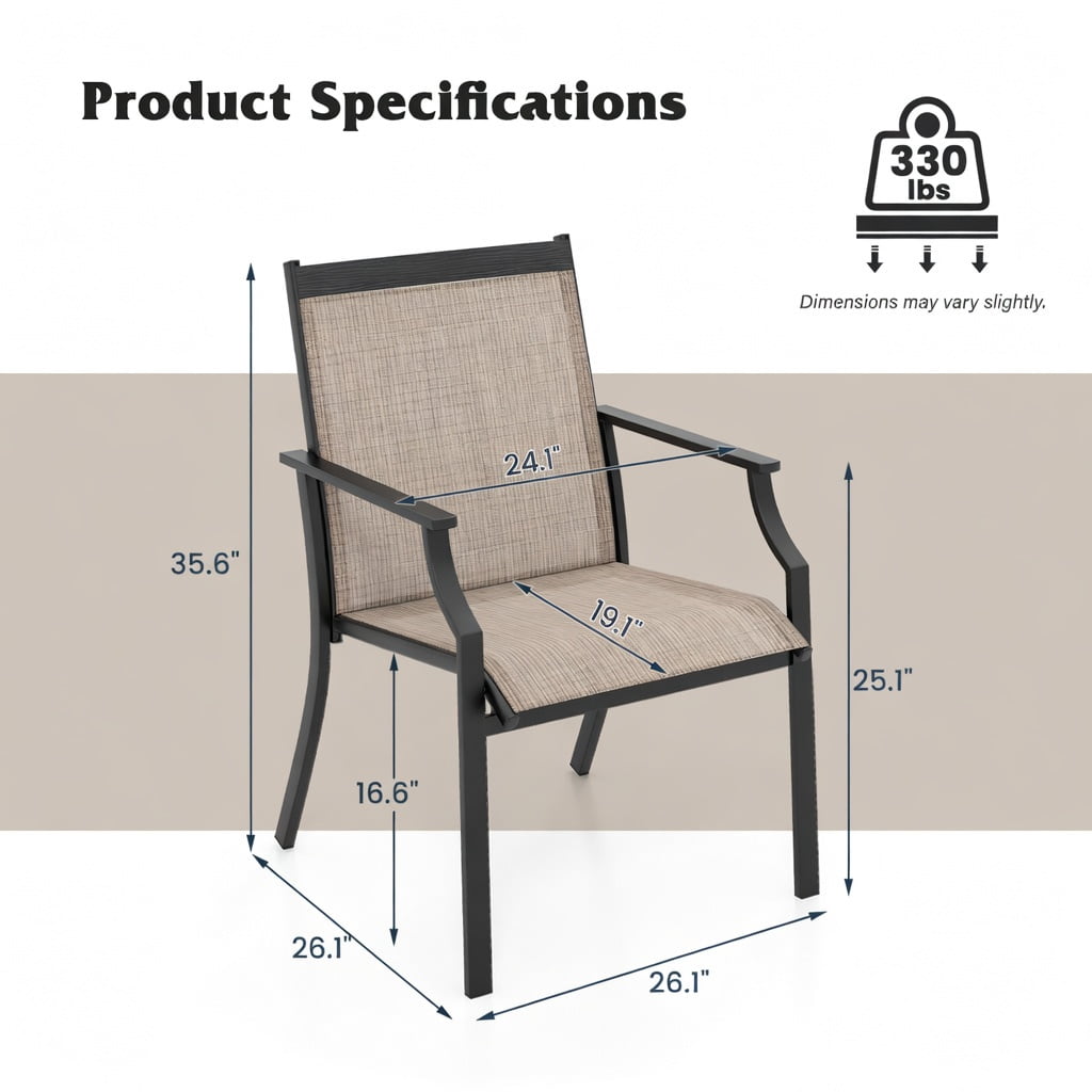 Hommoo 2-Pack Large Outdoor Dining Chairs, Breathable Mesh Seat, Rustproof Metal Frame, Patio Chairs for Deck, Backyard, Balcony, Coffee