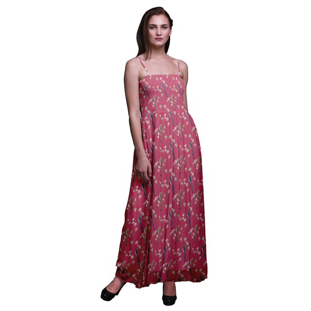 Bimba Robe à Bretelles Smockée en Georgette pour Femmes à Imprimé d'Oiseaux Whydah Blossom & Paradise - Xxx-Grand