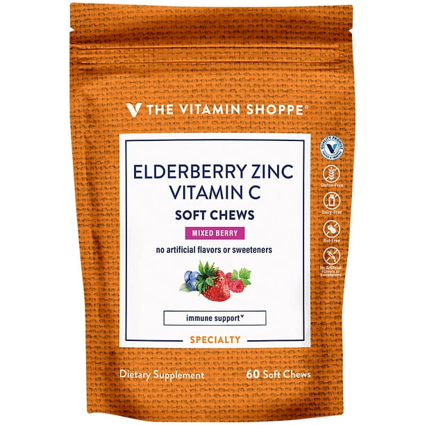 Elderberry, Zinc Vitamin C Soft Chews Immune Support Mixed Berry (60