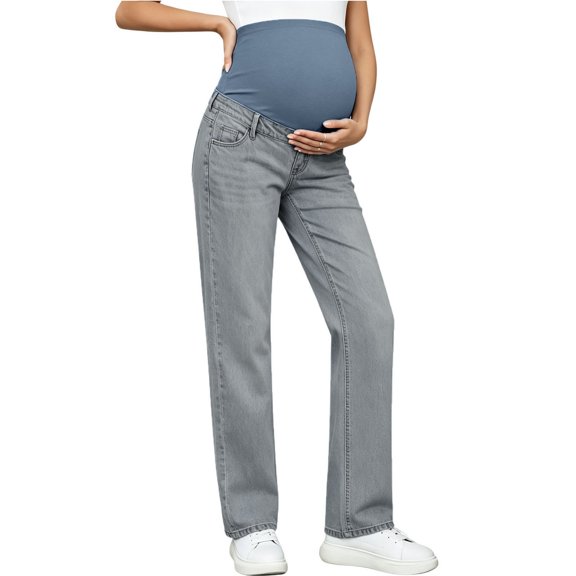 Maternity Women's High Waist Straight Jeans, Elastic Belly Support, Stretch Denim With Pockets, Straight‑Leg Full‑Length Fit for Daily Pregnancy Outfit, Maternity Pants for Women Gray XL