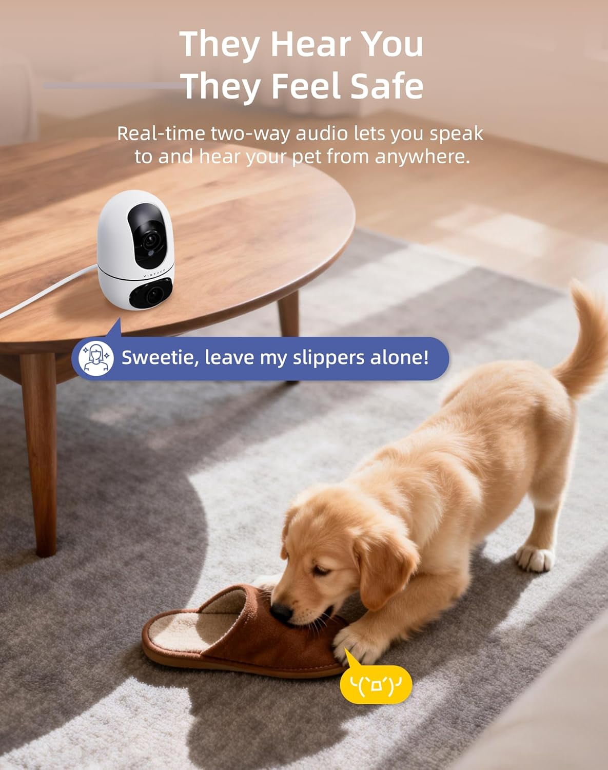 virtavo Pet Camera for Dogs & Cats, Indoor Security Camera with 360° PTZ, Smart Motion Tracking, 2‑Way Audio, Night Vision, Dual‑Lens Two Views in One, No Monthly Fee, 2.4GHz WiFi