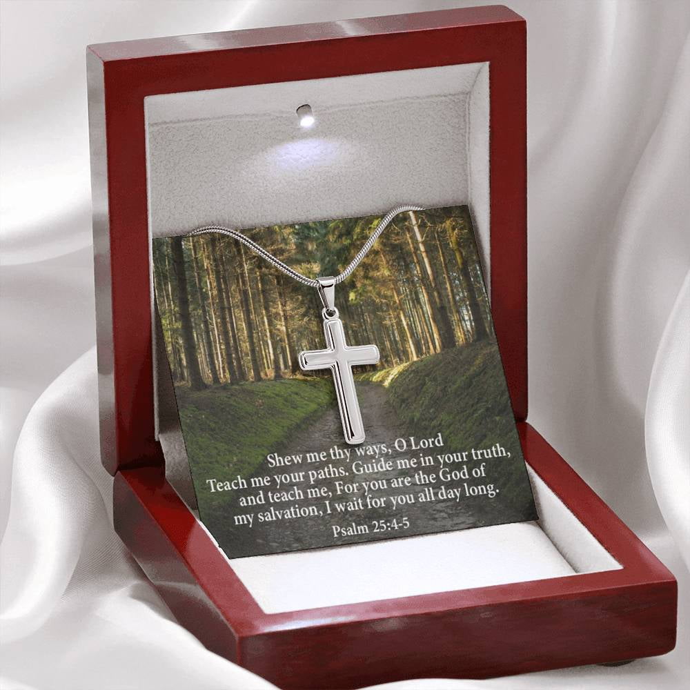 Scripture Card Baptism Psalm 25:4-5 Cross Necklace Faith Stainless Steel Pendant Religious
