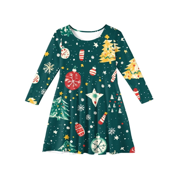XEGLSBU Girls Christmas Dress Size 14-16 Girls' Printed Dress Girls Christmas Dress Size 8-10 d-Green Size 11-12 Years