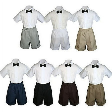 

3pc Set Boy Toddler Formal Party Black BowTie White Navy Brown Khaki Shorts S-4T