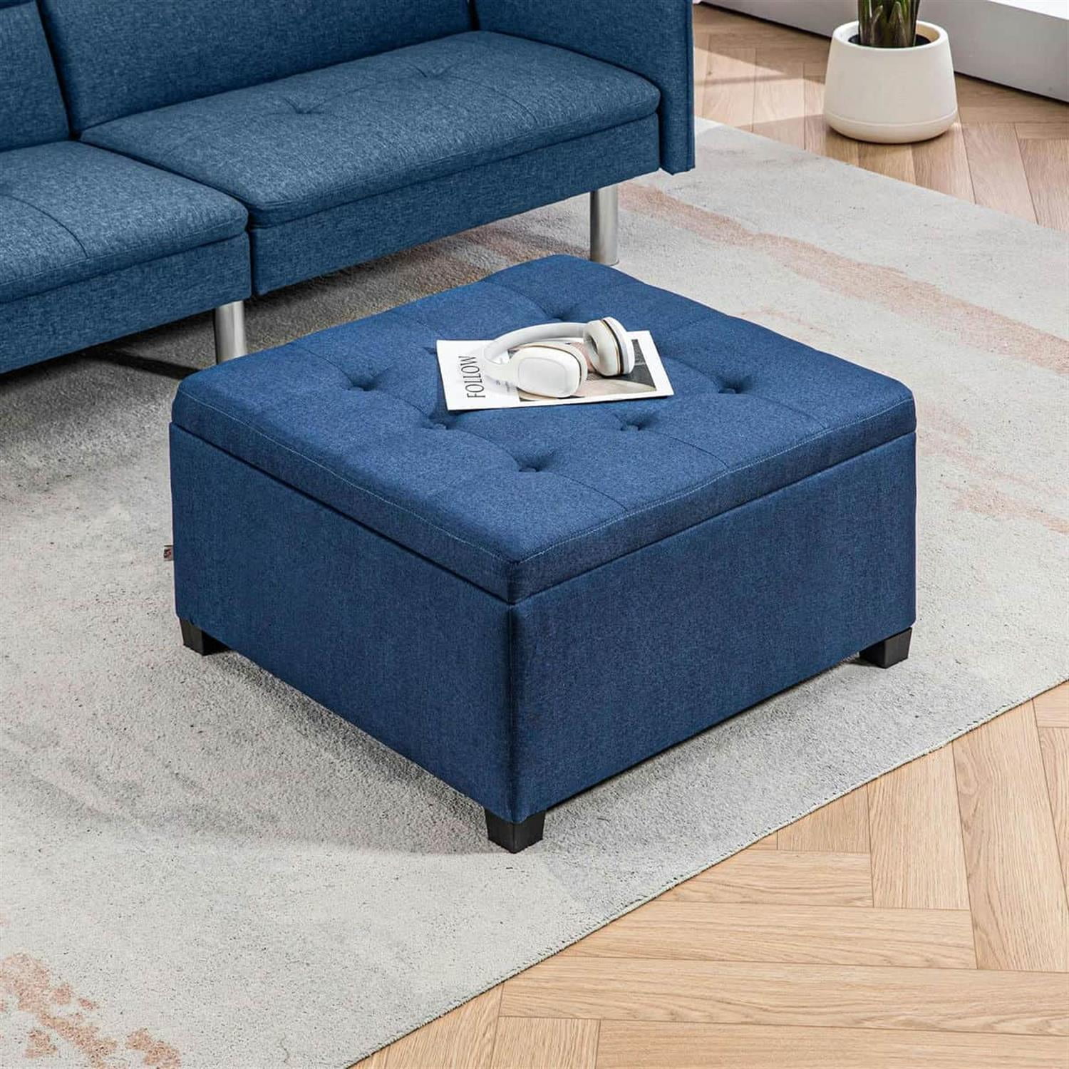 Demi Bonn 27" Bench Button Tufted Storage Ottoman, Velvet Flip Top Ottoman for Living Room, Bedroom, Entryway, Blue