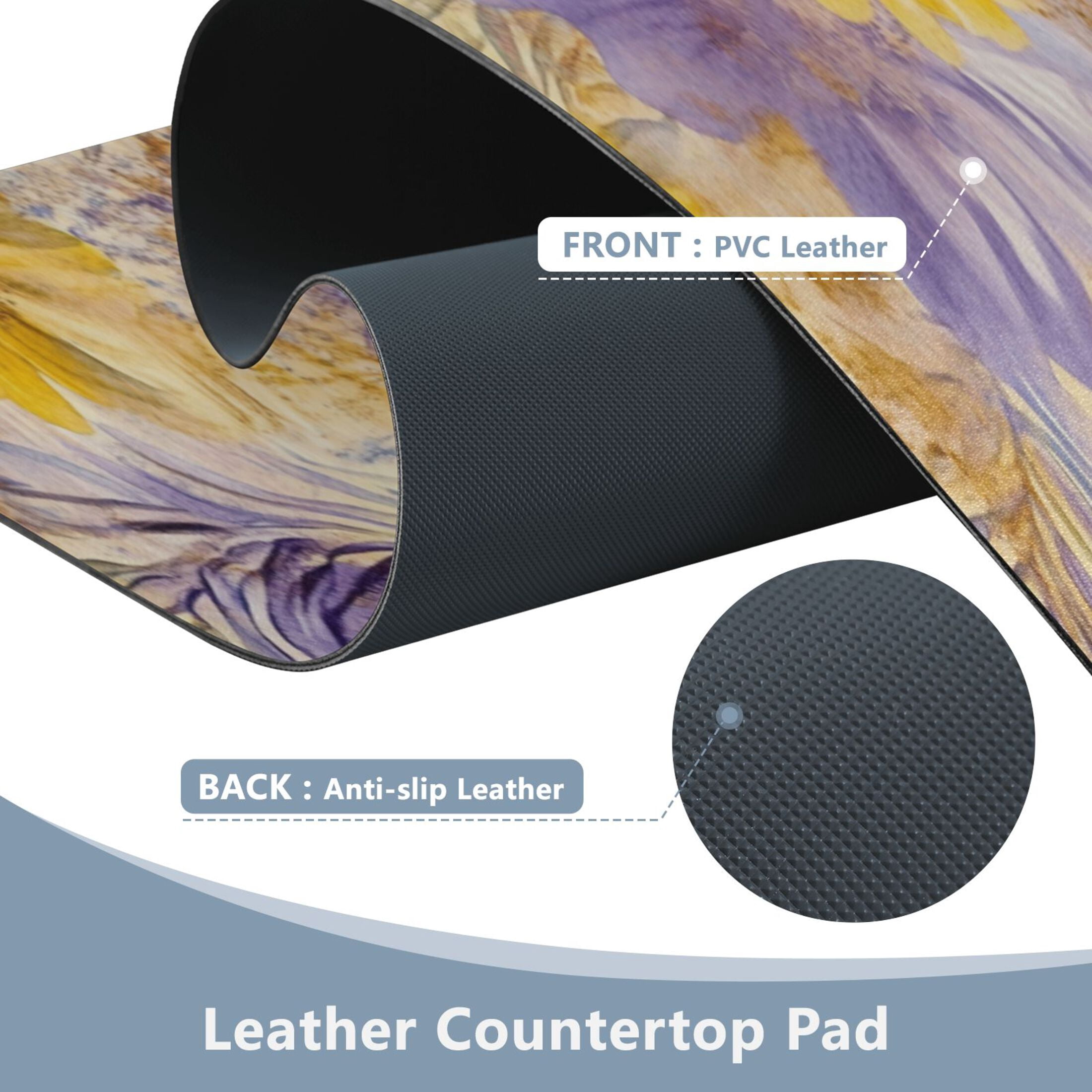 Leather Keyboard and Mouse Desk Mat Office Desk Accessories Protective Office Desk Decor Desk Pad Mat for Gaming, Work from Home, Office Yellow and Lavender Flowers 16.5" x 35.4"