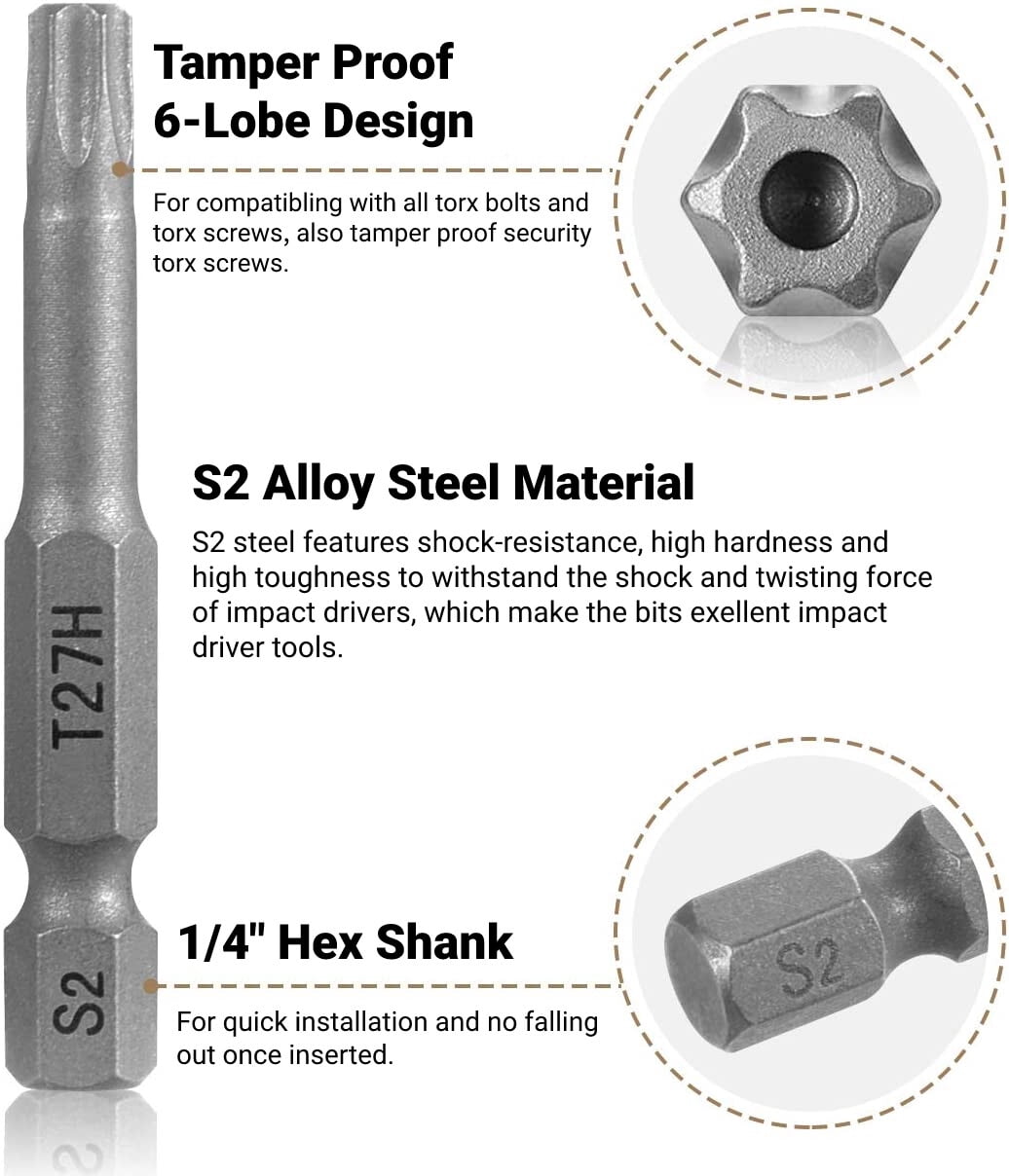 SATC 12-Piece Driver Bit Set Tamper Proof Security Star Impact S2 Steel Hex Shank