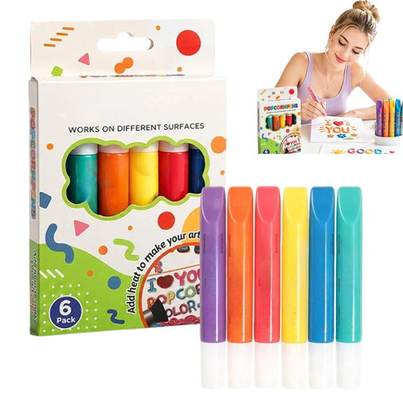 Magic Popcorns Pens 3D Puffy Drawing Kit | Bubble Art Markers for Crafts,Heat‑Foam for Raised Popcorn Texture,6‑Color Set for Doodle Handcraft and Back‑to‑School Presents