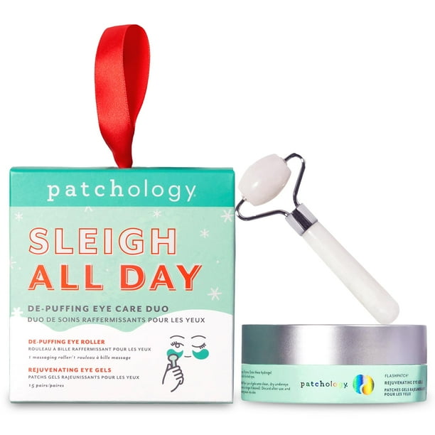 Set de regalo Patchology – Dúo de mascarillas desinflamantes debajo de los ojos y rodillo facial – Parches debajo de los ojos de colágeno con cafeína y ácido hialurónico para ojos hinchados, ojeras y