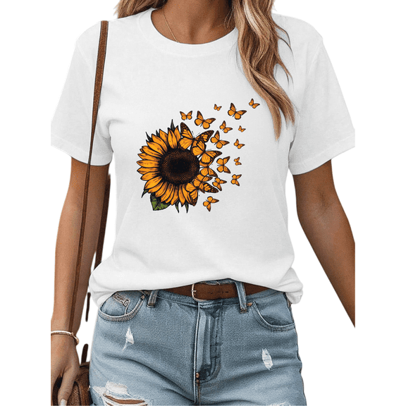 White Womans Sunflower Butterfly Graphic Tees Print Tshirt Shirts Short Sleeve S-5XL Tops