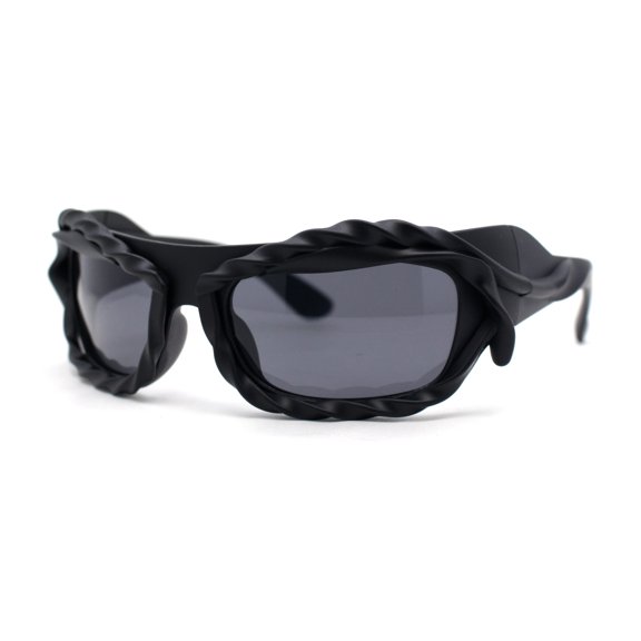 Super Funky Shoe Lace Trim Rectangular Wrap Around Plastic Sunglasses All Black