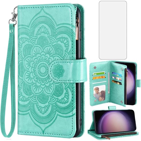 Phone Case for Samsung Galaxy S23 5G Wallet Cover with Tempered Glass Screen Protector and Flower Leather Flip Credit Card Holder Stand Cell S 23 23S GS23 G5 SM-S911U 6.1 inch Women Men Green
