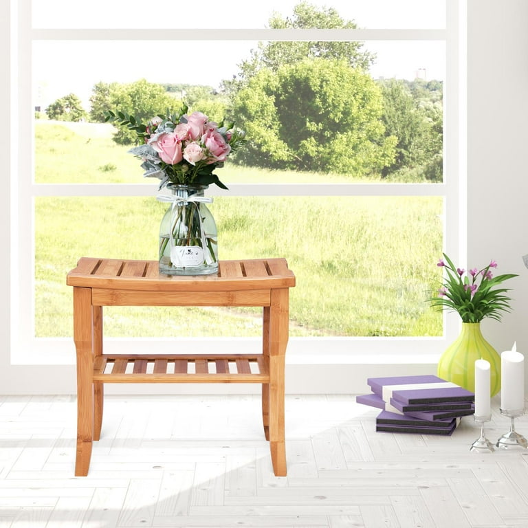 Bamboo shower seat bench with storage shelf hot sale