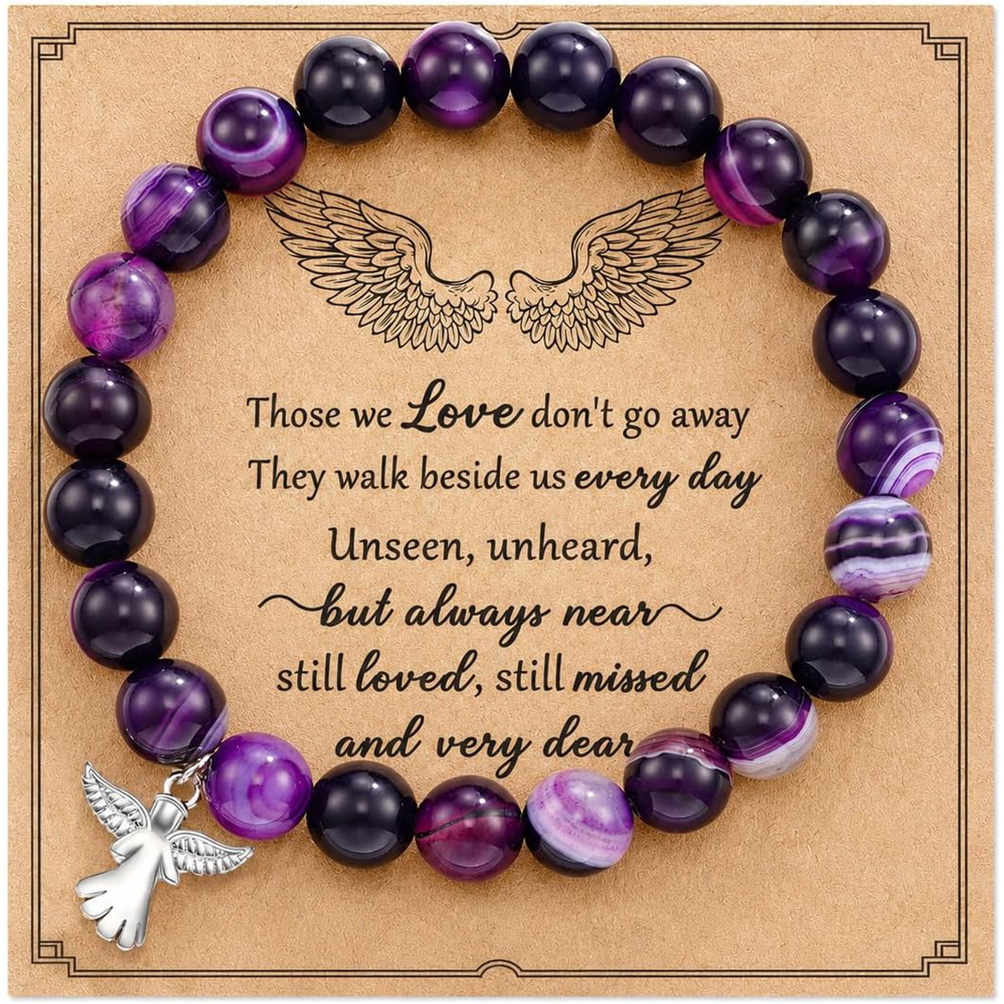 Natural Stone Angel Wing Bracelet, Memorial Sympathy Gift | 8mm Natural Stone Beads | Angel Wing Charm | Stretch Bracelet | Memorial Keepsake Jewelry Gift