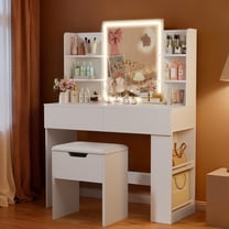 Homall Vanity Desk Set with 3 Colors LED Lighted Mirror, Makeup Vanity with Stool, Storage Shelves and Drawers, Vanity Table Dressing Table for Bedroom, White