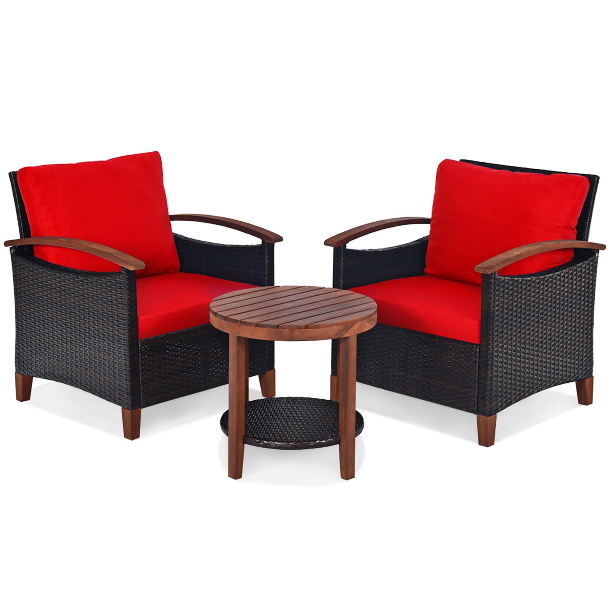 Gymax 3PCS Patio Wicker Rattan Conversation Set Outdoor Furniture Set w/ Red Cushion