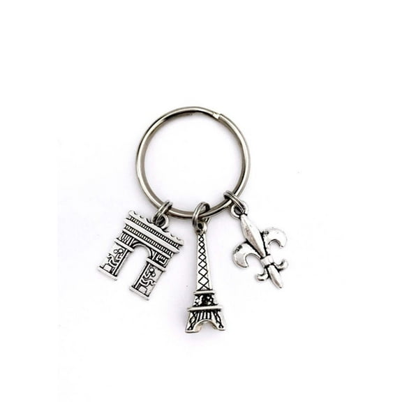Paris France themed keychain. Includes Eiffel Tower, Arc de Triomphe, and Fleur de Lis. Gift for French lover.