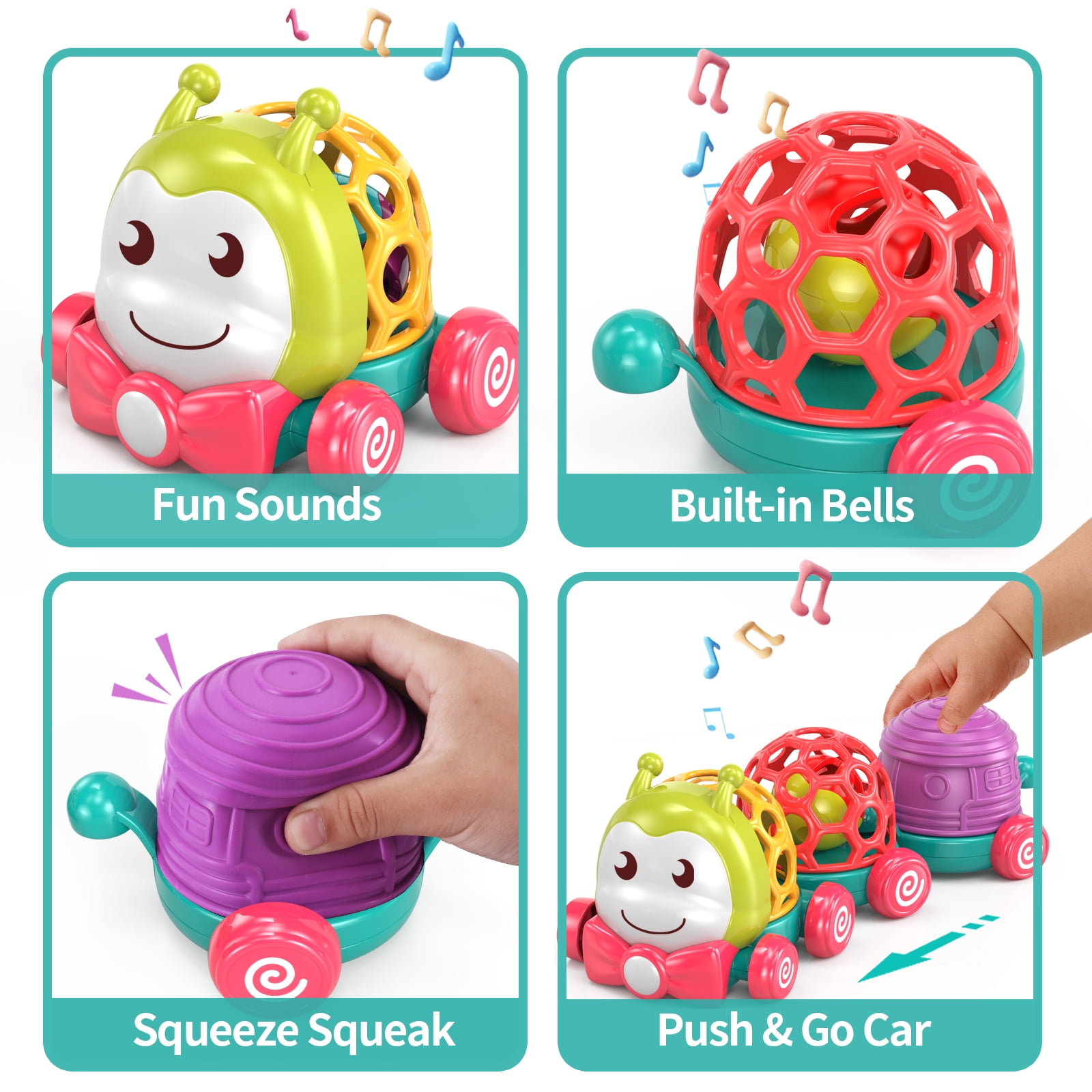 Wanonoo Caterpillar Car Toys for Babies 6-12 Months Infant Musical Push & Go Crawling Toy for Toddler Sensory Soft Developmental Grasp Baby Toy Car for 7 8 9 10 11 18 Month 1 Year Old Boys Girls Gift