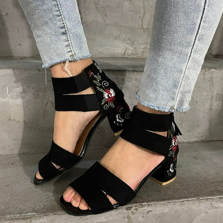 

HIBRO Women s Outdoor Flock Embroidered Flowers Summer Zipper High Heels Beach Open Toe Breathable Sandals Shoes