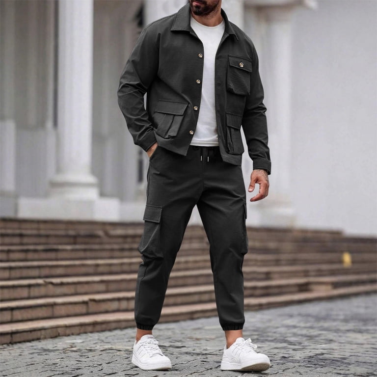 Enjoytime 2 Piece Set for Men Solid Color Long Sleeve Button Down